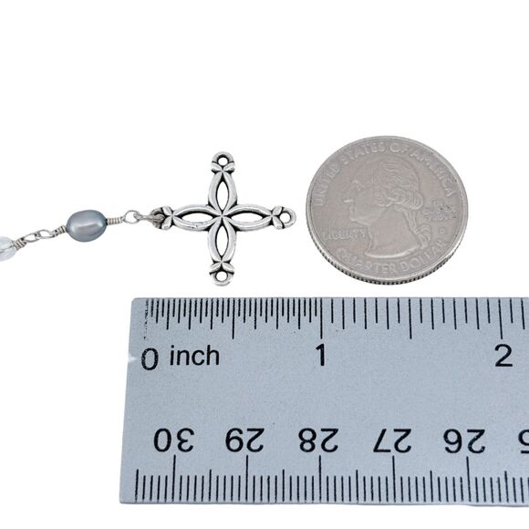 Gray Pearl & Blue Glass Bead Cross Necklace | Vintage Sterling Silver 925 | 19" - Picture 3 of 5